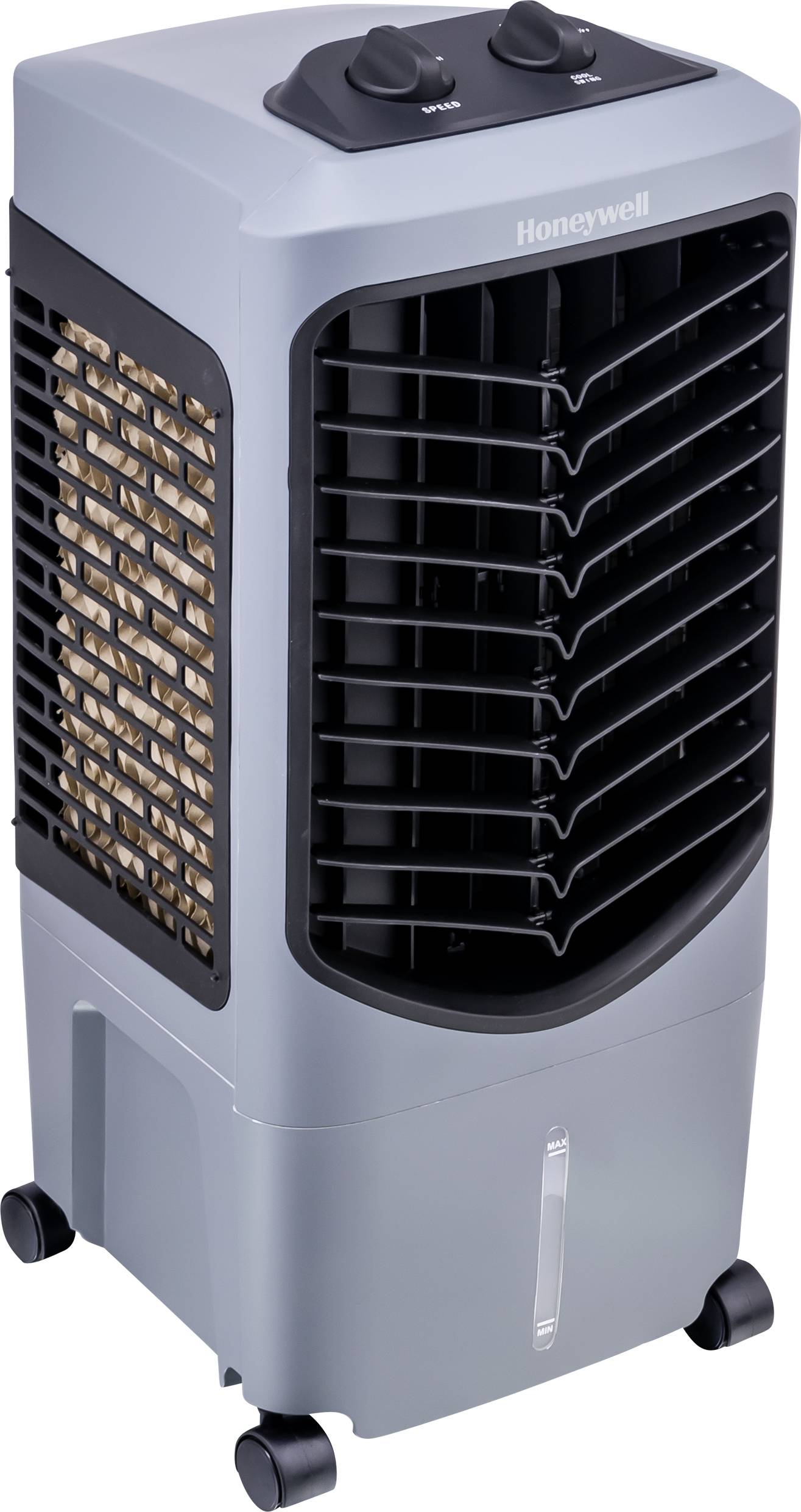 Climatiseur mobile sur roulettes, avec grille de ventilation et commandes en haut de l'appareil. Adapté pour rafraîchir et faire circuler l'air dans les espaces intérieurs.