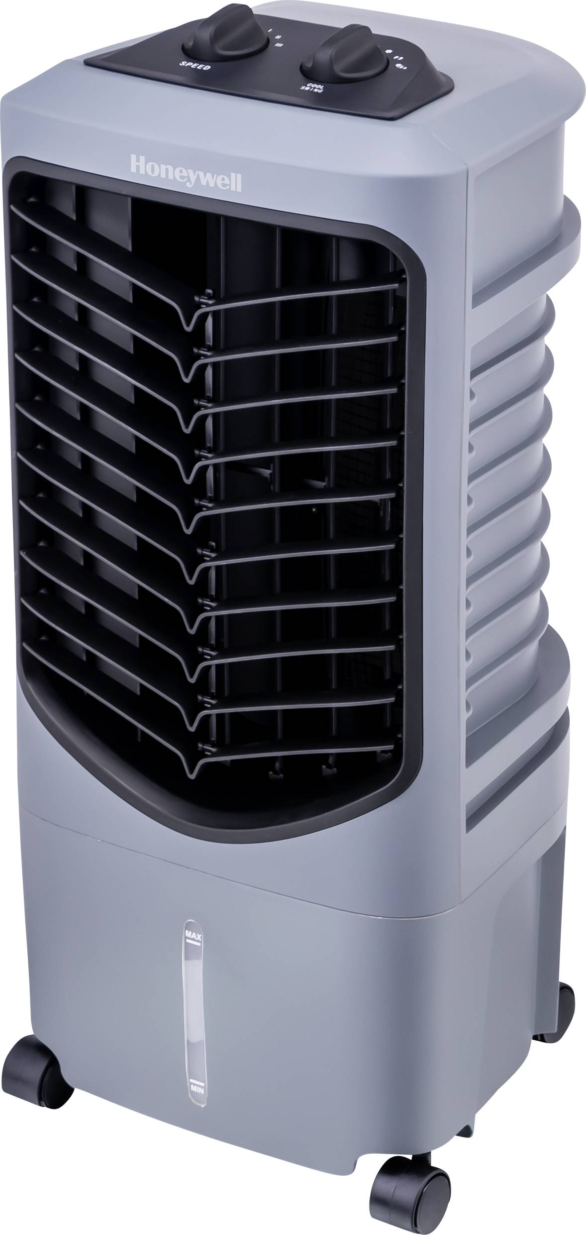 Refroidisseur d'air mobile gris avec roues et réservoir d'eau. Le dessus est équipé de boutons de commande pour la vitesse du ventilateur et l'intensité du refroidissement.
