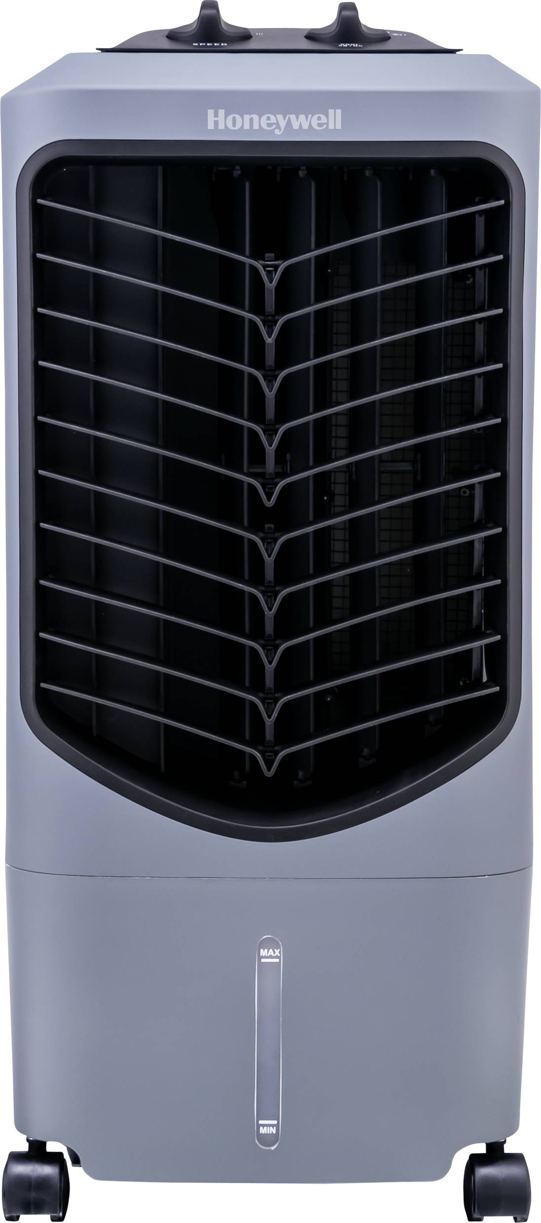 Refroidisseur d'air portable gris avec roulettes et fentes de ventilation à l'avant. Marque 'Honeywell' en haut, adapté aux espaces intérieurs.