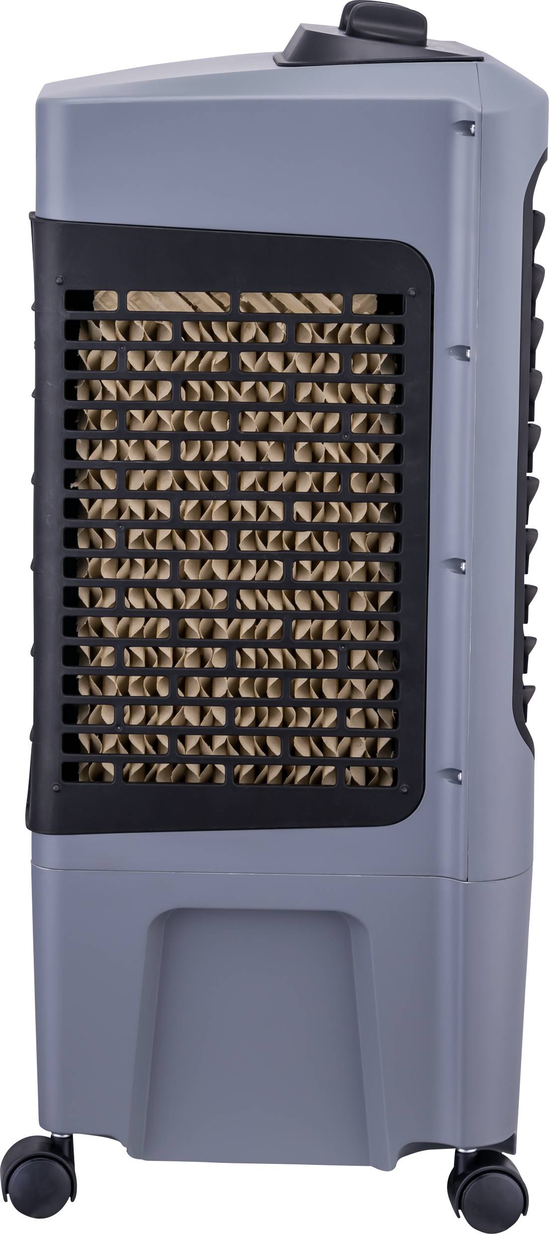 Un refroidisseur d'air gris monté sur roulettes, doté d'un bouton de commande en haut et d'une grille à l'avant pour la circulation de l'air. Adapté aux espaces intérieurs.
