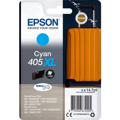 'Cartouche d'encre Epson Cyan 405XL avec emballage à motif de valise orange, compatible avec certains modèles d'imprimantes Epson Workforce.'