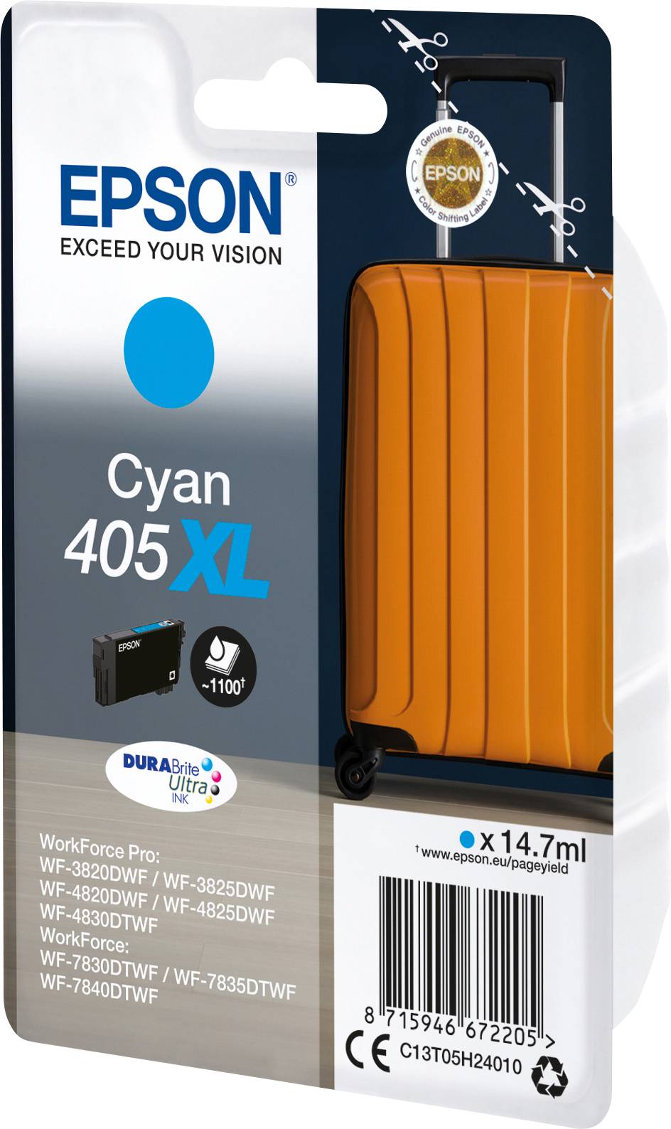 Emballage d'une cartouche d'encre Epson Cyan 405 XL, présentant un sachet orange. Compatible avec plusieurs modèles d'imprimantes Epson WorkForce.