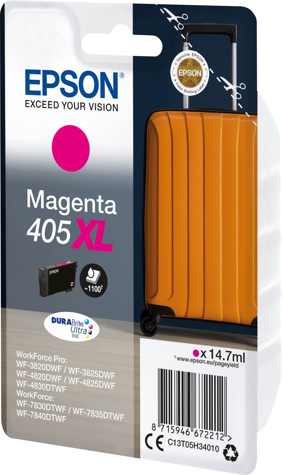 Cartouche d'encre magenta Epson pour imprimantes WorkForce. Contient 14,7 ml. Compatible avec les modèles WF, mise en avant en taille XL.