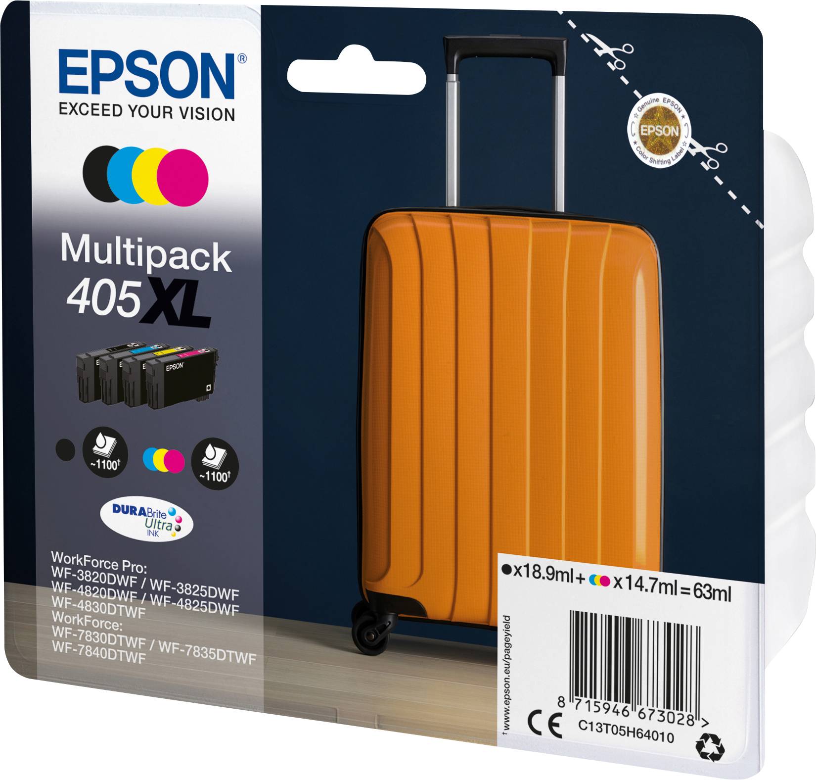 Cartouches d'encre multicolores Epson XL 405 en pack multiformat, avec illustration d'une valise orange, compatibles avec certains modèles d'imprimantes.