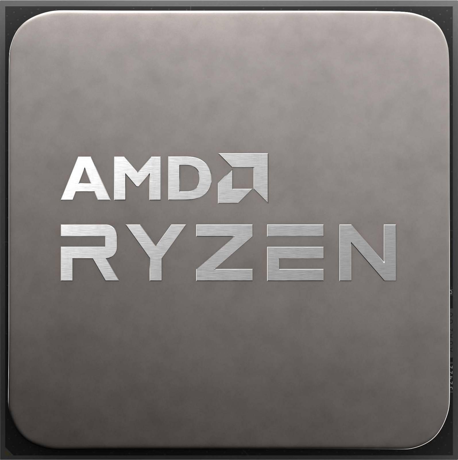 Une puce grise avec un logo argenté 'AMD RYZEN'.