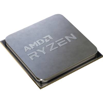 Un processeur AMD Ryzen, carré, argenté, avec un logo brillant sur sa surface ; un composant matériel technologique.