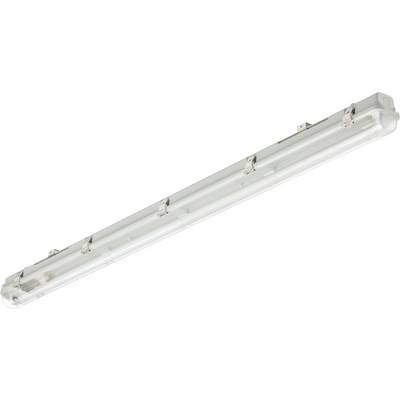 Un tube fluorescent long et blanc avec un couvercle transparent, montable au plafond ou sur les murs, adapté à l'éclairage industriel.