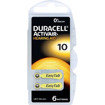 Piles Duracell Activair pour appareils auditifs, taille 10, sans mercure, lot de six piles avec languette jaune EasyTab pour une manipulation facile.