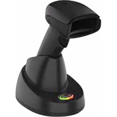Un scanner de codes-barres noir sur un support de table, prêt à être utilisé. Le scanner est légèrement incliné vers l'avant.