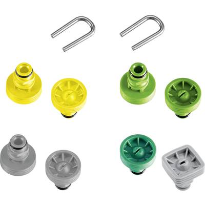 Six buses de différentes couleurs et un clip métallique montrent des variantes de buses de tuyaux d'arrosage.