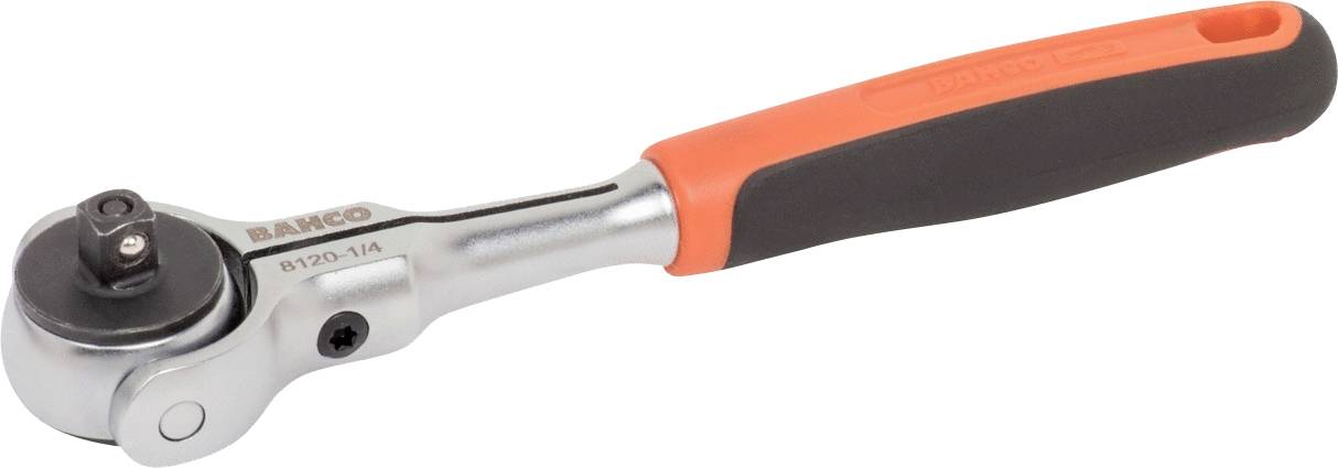 Clé à cliquet avec poignée noire et extrémité orange, métal brillant, adaptée pour le changement de douilles, marque visible sur l'outil.