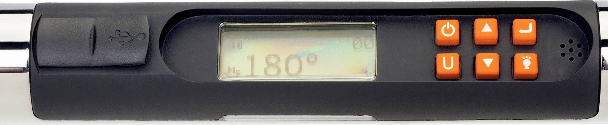 Un appareil électronique affiche le nombre '180°' sur un écran. Six touches de commande orange sont situées à sa droite.