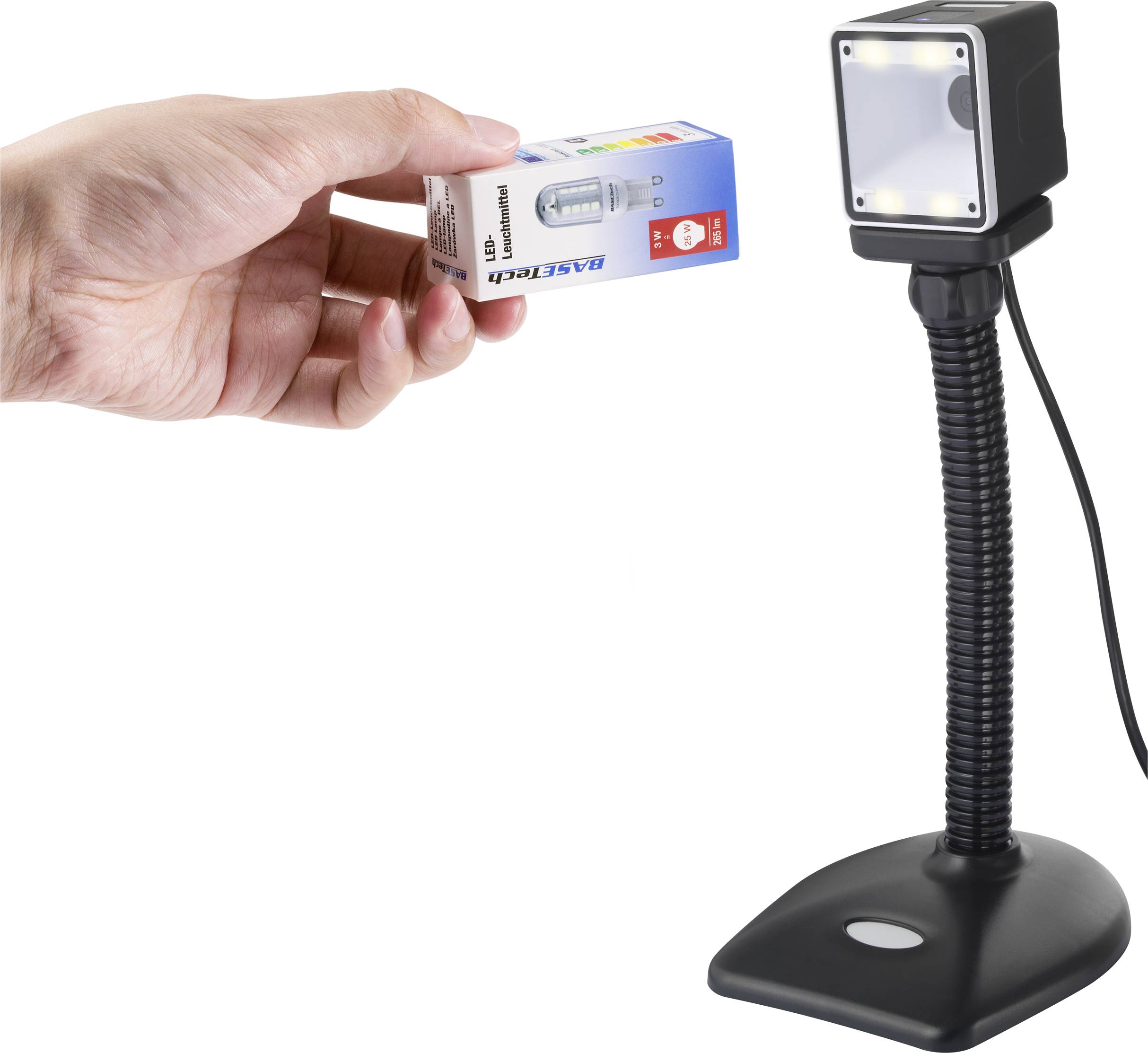 Une main tient un emballage d'ampoule devant une petite lampe de lecture flexible à tête lumineuse carrée.