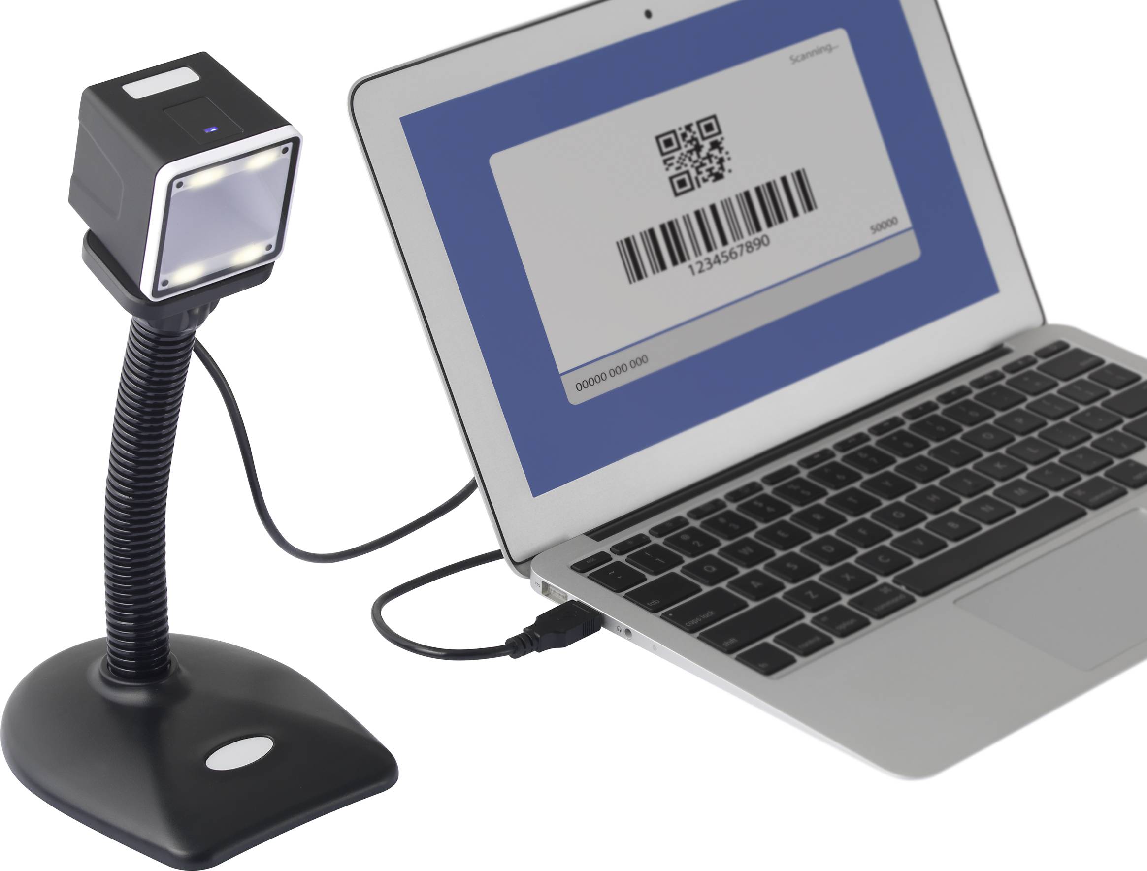 Un lecteur de code-barres est connecté à un ordinateur portable dont l'écran affiche un code-barres avec son numéro.