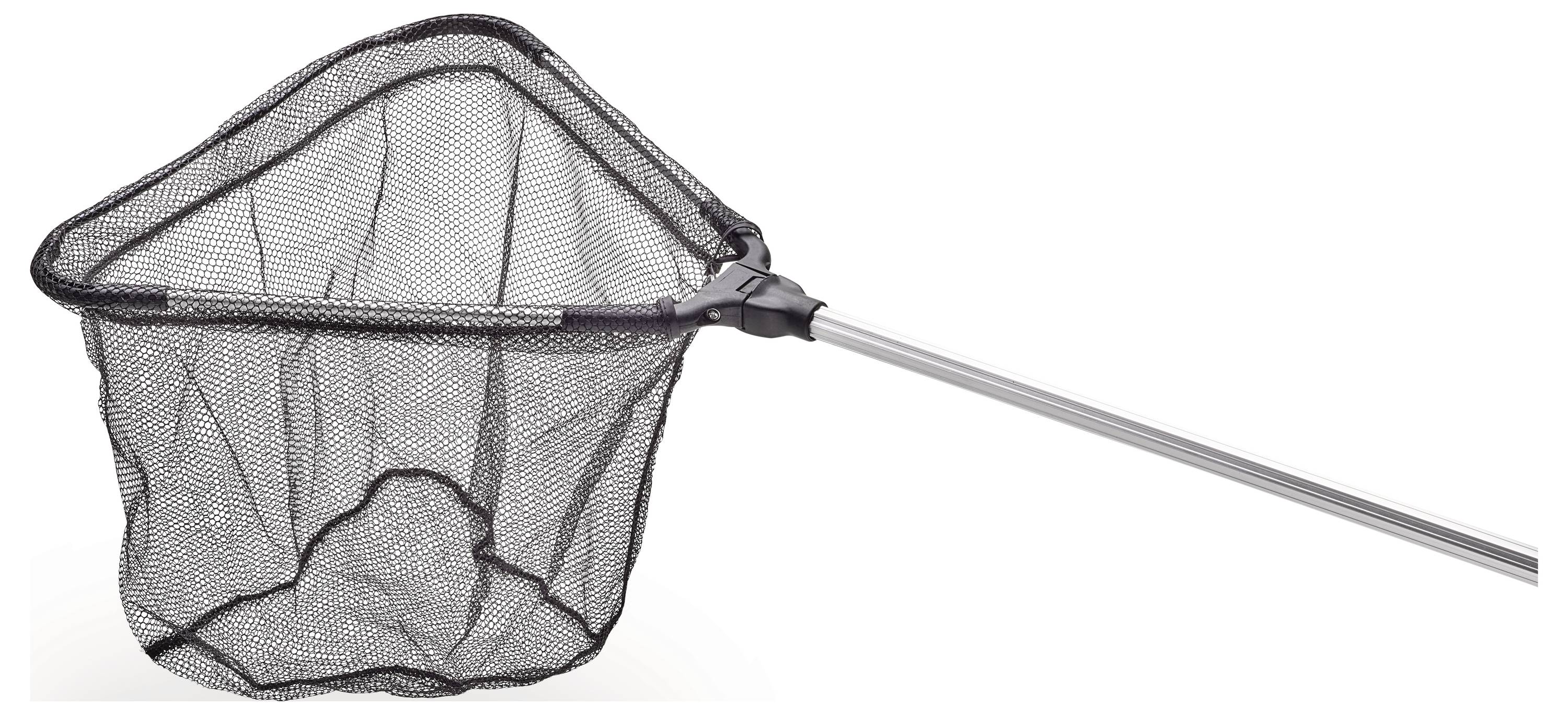 Un filet de pêche noir avec un long manche argenté, conçu pour attraper des poissons, présenté sur un fond blanc uni.