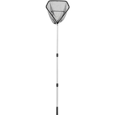 Une perche télescopique en argent avec un filet en maille noire à l'extrémité, utilisée pour attraper ou écoper.