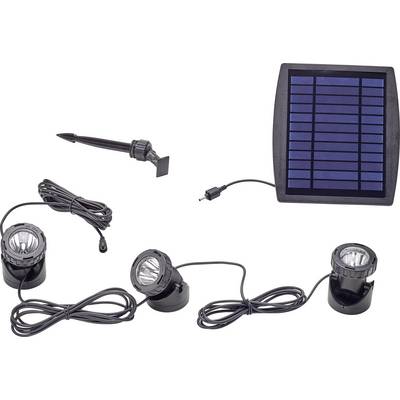« Projecteurs de jardin LED solaires avec têtes orientables, câbles de connexion et panneau solaire pour un éclairage extérieur économe en énergie. »