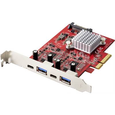 Une carte d'extension PCI-Express rouge avec un dissipateur thermique et plusieurs ports, dont deux ports USB, pour ordinateur.