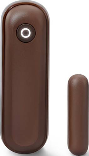 Contact marron pour portes et fenêtres, fonctionnant sur batterie, avec petit capteur. Appareil principal avec indicateur LED.
