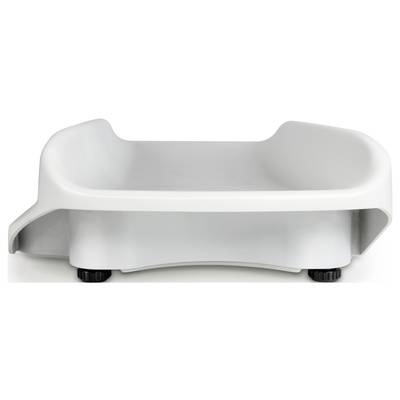 Un rehausseur blanc rectangulaire pour enfant, avec des coins arrondis et des pieds antidérapants pour sièges de voiture.