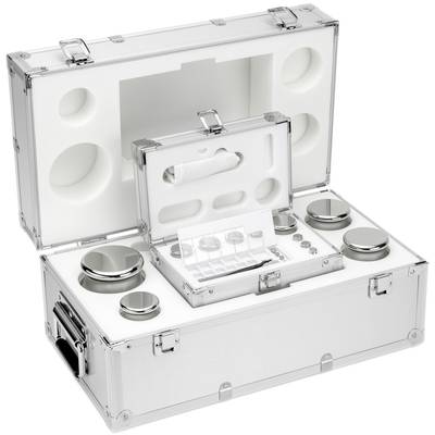 Des poids en argent disposés dans un coffret de mesure ouvert, composés de plusieurs poids ronds et de petites pièces cylindriques, sont visibles.
