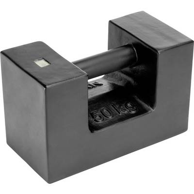 Un poids de contrôle noir en forme de bloc portant l'inscription '50 kg'. Il est utilisé pour l'étalonnage des balances.