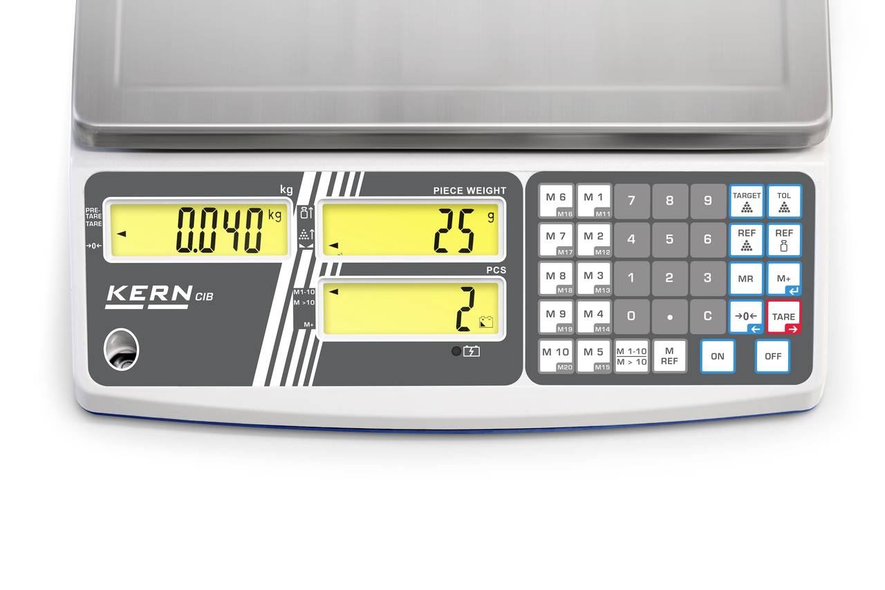 Balance électronique avec affichage numérique, indique 0,040 kg, poids unitaire 25 g, 2 pièces. Touches de fonctions et de tare disponibles.