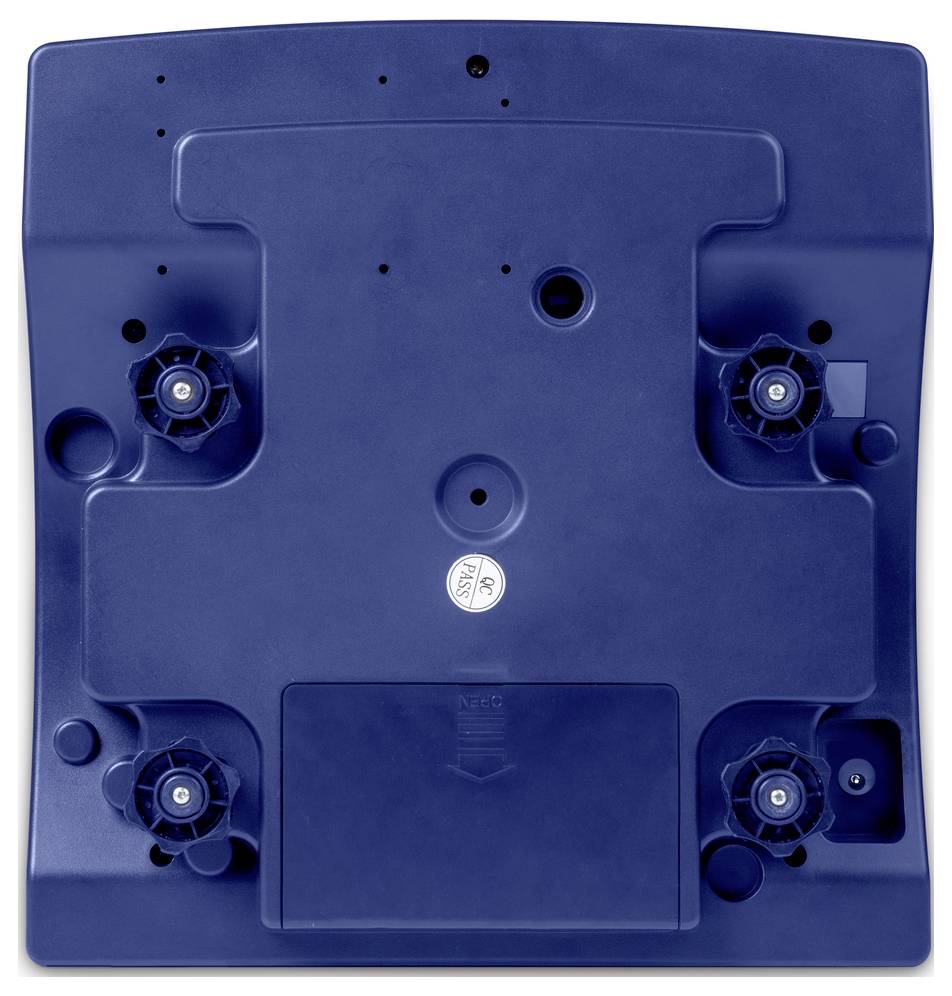 Un support en plastique bleu avec quatre ouvertures pour vis et une zone centrale circulaire creusée.