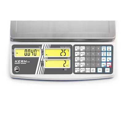 Balance numérique avec affichages pour le poids (0,040 kg), le poids unitaire (25 g) et le nombre de pièces (2). Clavier avec touches numériques et fonctions.