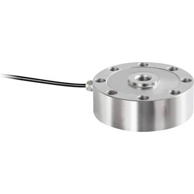 Capteur métallique cylindrique plat avec câble, destiné à la détection de pression ou de poids, avec des trous de vis visibles sur la surface supérieure.
