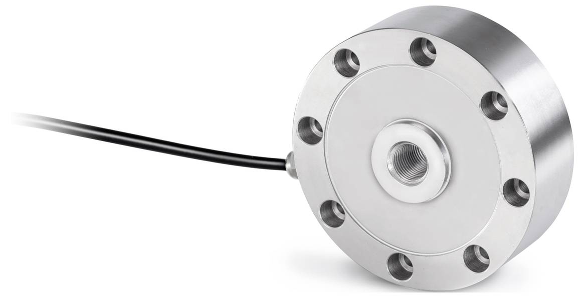 Un capteur cylindrique métallique avec plusieurs vis et un câble connecté pour la transmission de données.