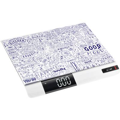 Balance de cuisine numérique avec un motif décoratif dessiné à la main et des mots comme 'GOOD MOOD', 'HAPPY' et 'YUMMY'. Affichage numérique sur zéro.