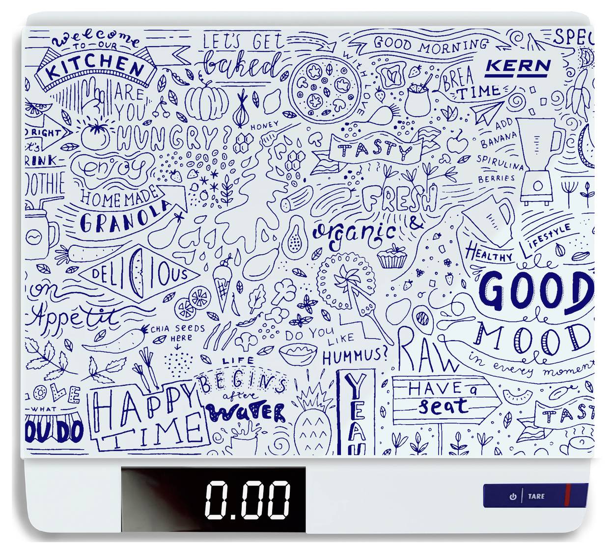 Une balance de cuisine avec un motif décoratif bleu et blanc et des inscriptions comme 'Good Mood' et 'Organic'.