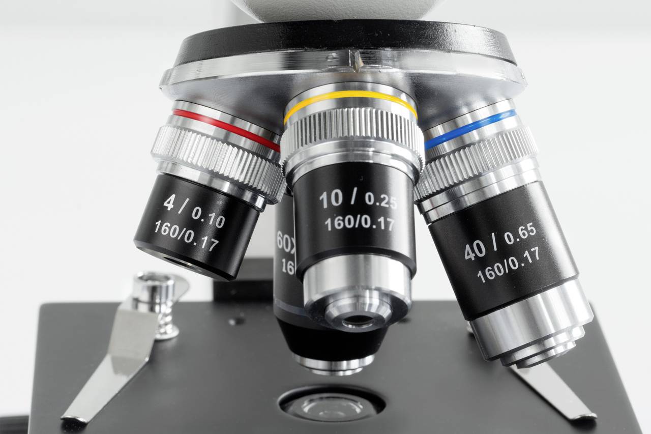 Gros plan d'un microscope avec trois objectifs de grossissement différent. Détails et étiquettes visibles sur les objectifs.