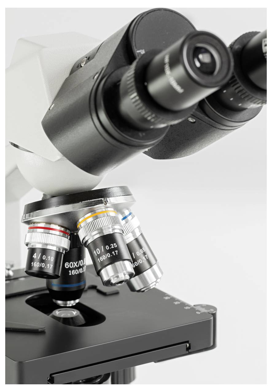 Microscope électronique à objectifs multiples. Montre les détails des lentilles et le mécanisme d'ajustement du grossissement.