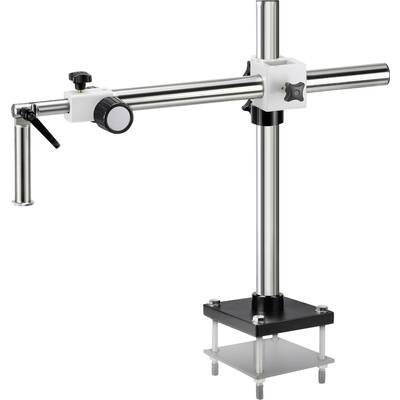 Un support de microscope argenté avec un bras ajustable et une base noire pour fixer des appareils optiques.
