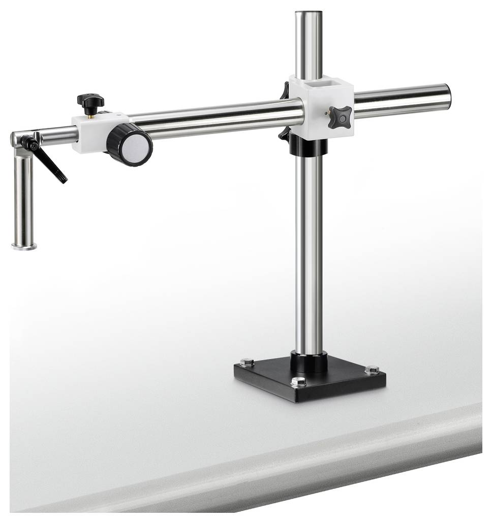 Un support de microscope en métal avec une tige horizontale et verticale réglable, monté sur une base noire.