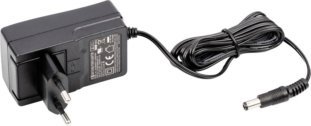 Adaptateur secteur noir avec fiche européenne et long câble, montrant des composants technologiques, adapté aux appareils électroniques.