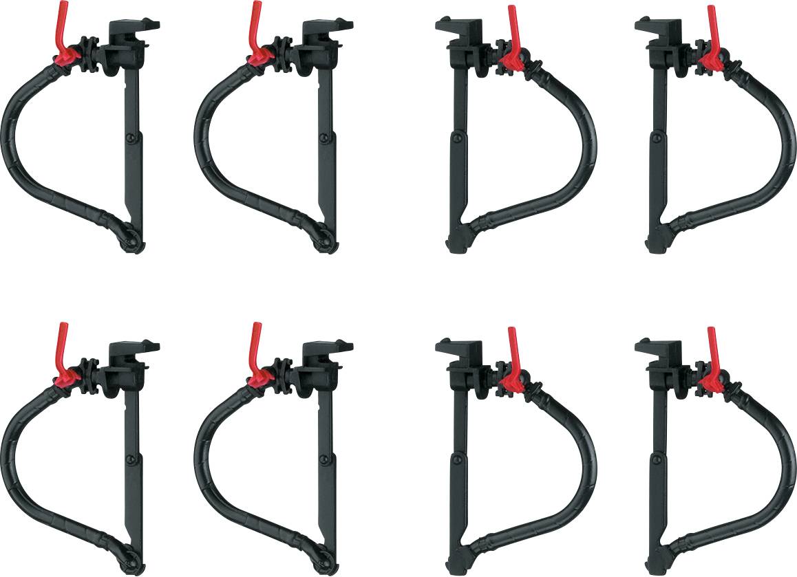 Huit supports de gicleurs noirs identiques munis de poignées rouges, disposés uniformément en deux rangées sur un fond blanc.