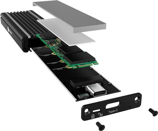 Un boîtier SSD externe démonté montrant une carte M.2 SSD, un dissipateur thermique, un couvercle et un connecteur USB Type-C.