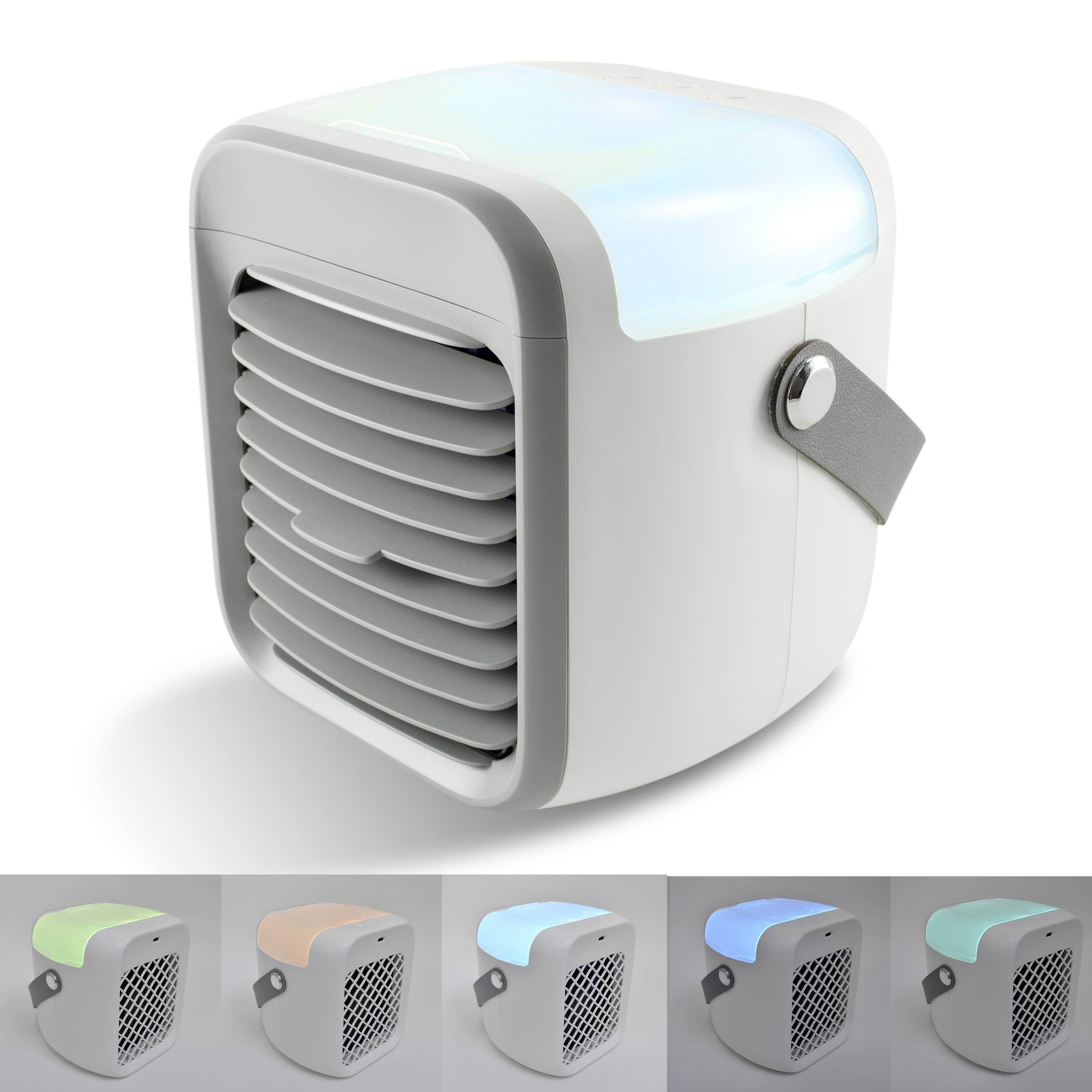 Un petit climatiseur portable avec un dessus lumineux, adapté à un usage personnel. Affiche différentes couleurs d'éclairage.
