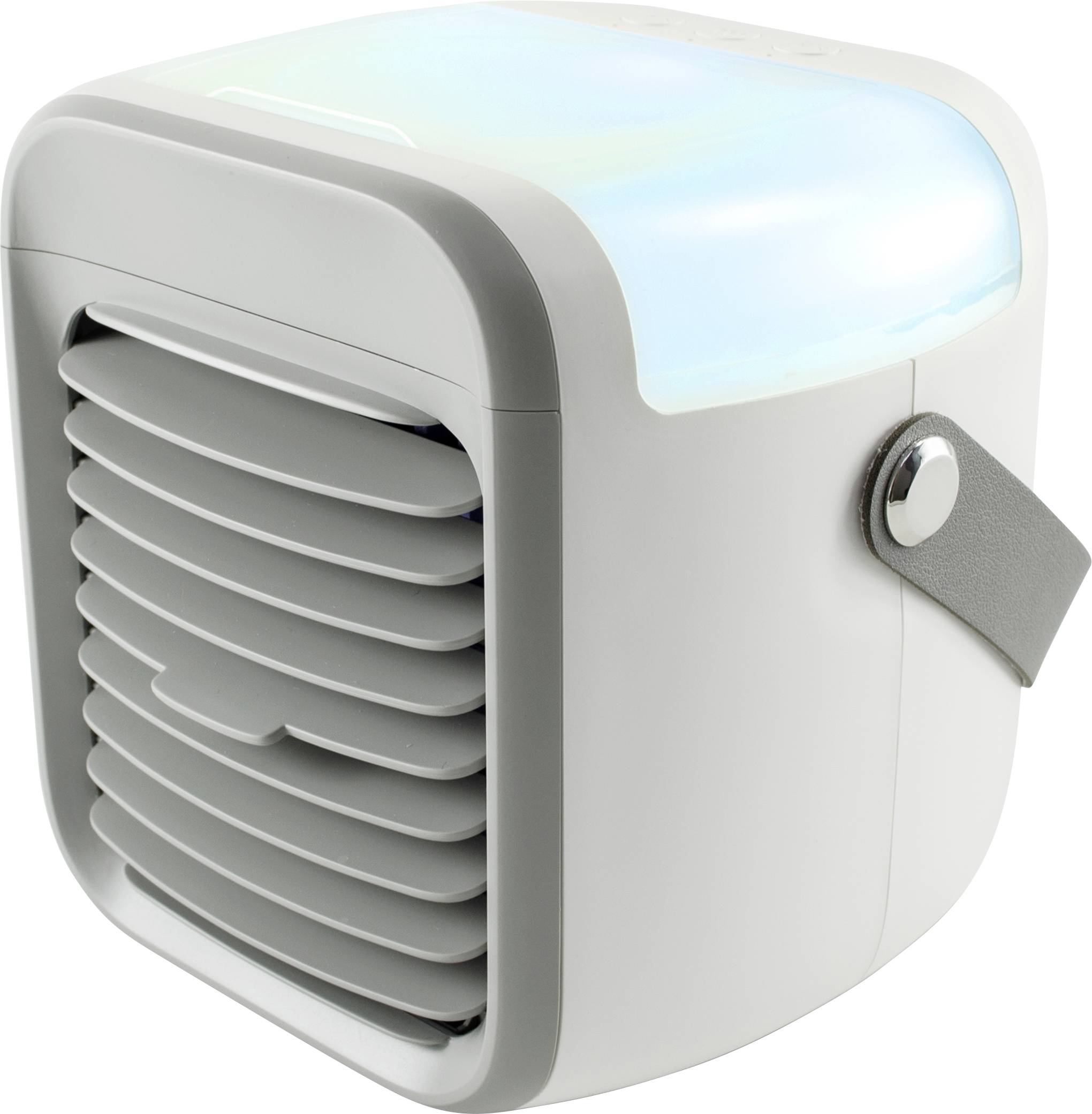 Un petit climatiseur portable avec un boîtier gris et plusieurs fentes de ventilation. Le dessus s'illumine en bleu.