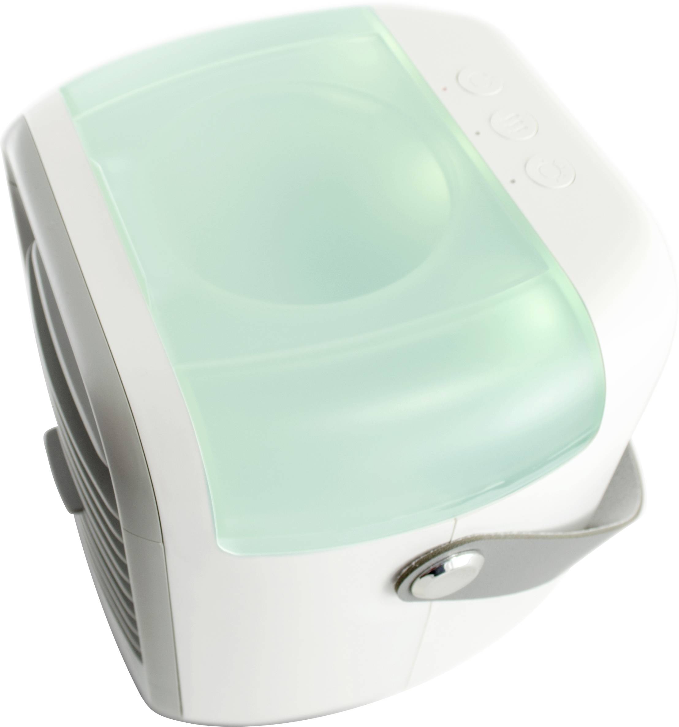 Un refroidisseur d'air portable blanc avec un réservoir d'eau vert et trois boutons de commande. Adapté pour une utilisation dans les petites pièces.