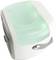 Un refroidisseur d'air portable blanc avec un réservoir d'eau vert et trois boutons de commande. Adapté pour une utilisation dans les petites pièces.