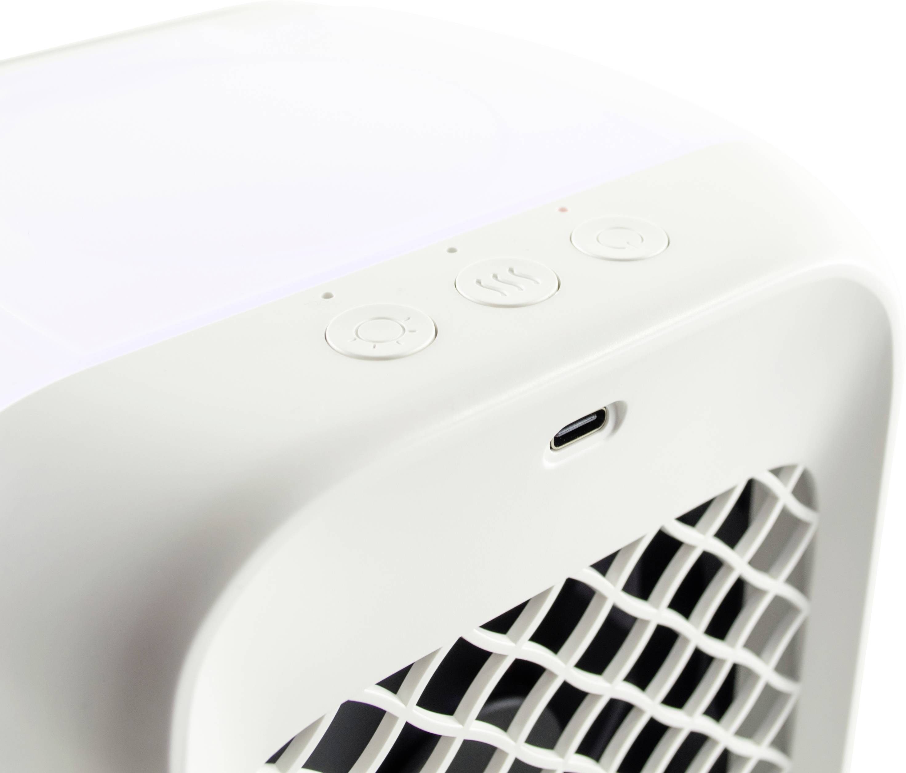 Un purificateur d'air blanc, compact, avec un réseau de filtres visible et trois boutons de commande en haut, adapté aux petits espaces.