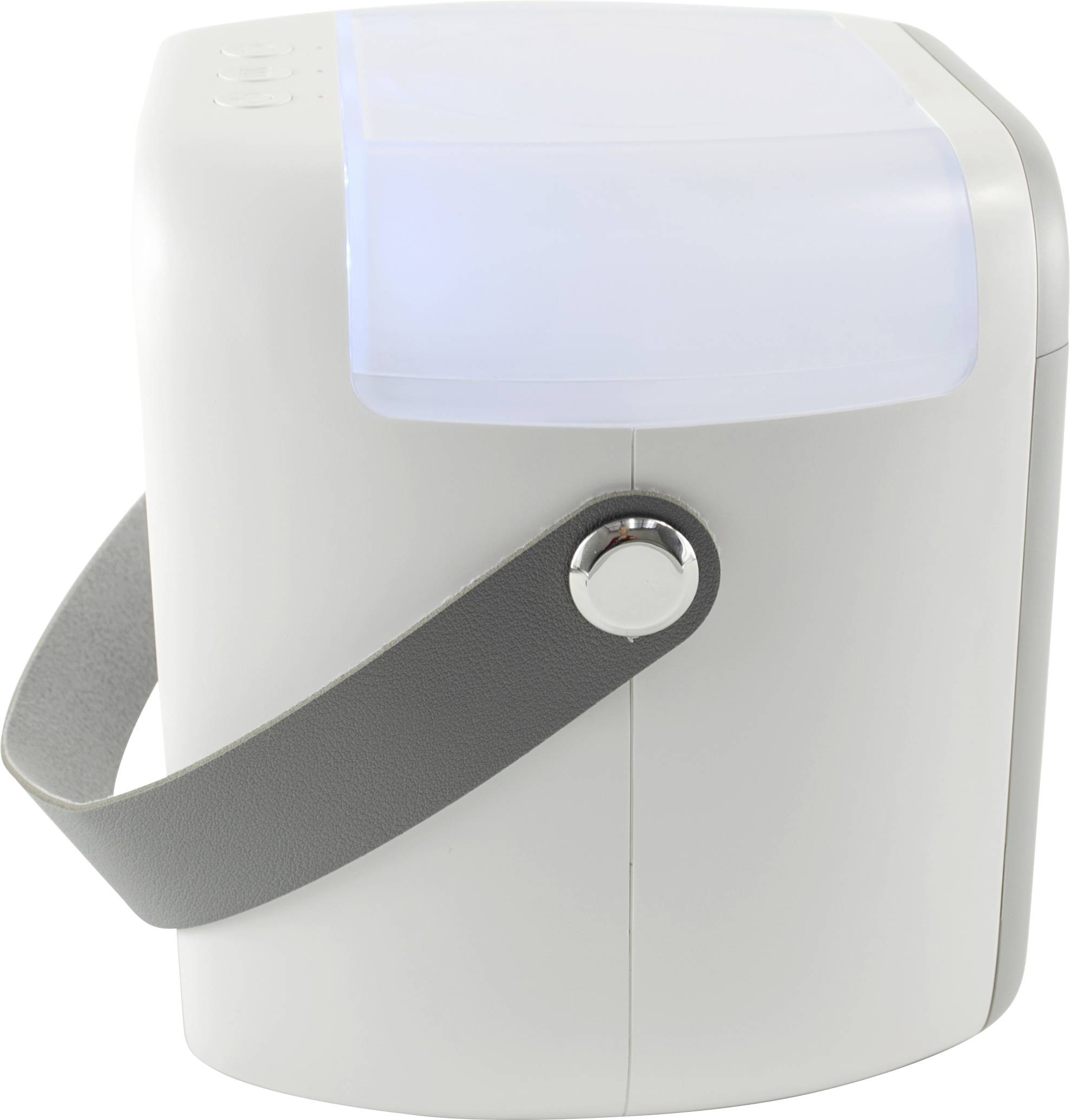 Un réfrigérateur compact blanc et portable, doté d'une poignée grise et d'un couvercle semi-transparent, idéal pour les déplacements ou les petits espaces.
