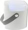 Un réfrigérateur compact blanc et portable, doté d'une poignée grise et d'un couvercle semi-transparent, idéal pour les déplacements ou les petits espaces.