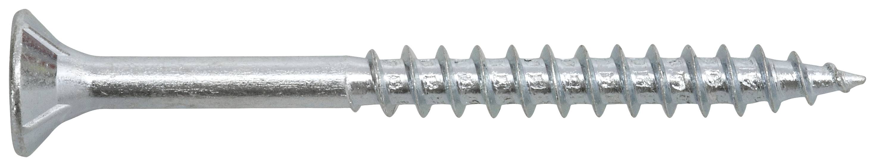 Vis en métal à tête plate et filetage pointu, posée à plat et entièrement visible. Adaptée pour les assemblages bois et métal.