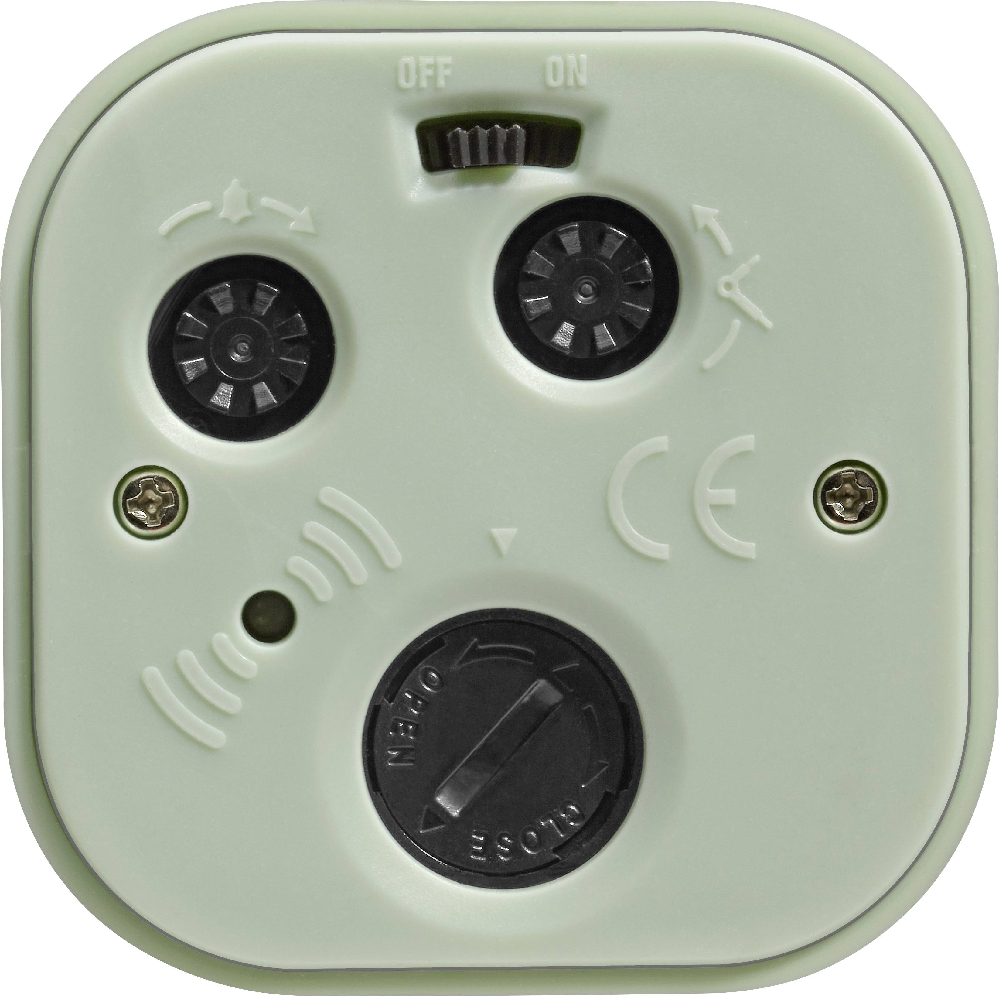 Un appareil doté d'un interrupteur marche/arrêt en haut, deux molettes et un bouton rotatif en bas, portant le marquage CE.