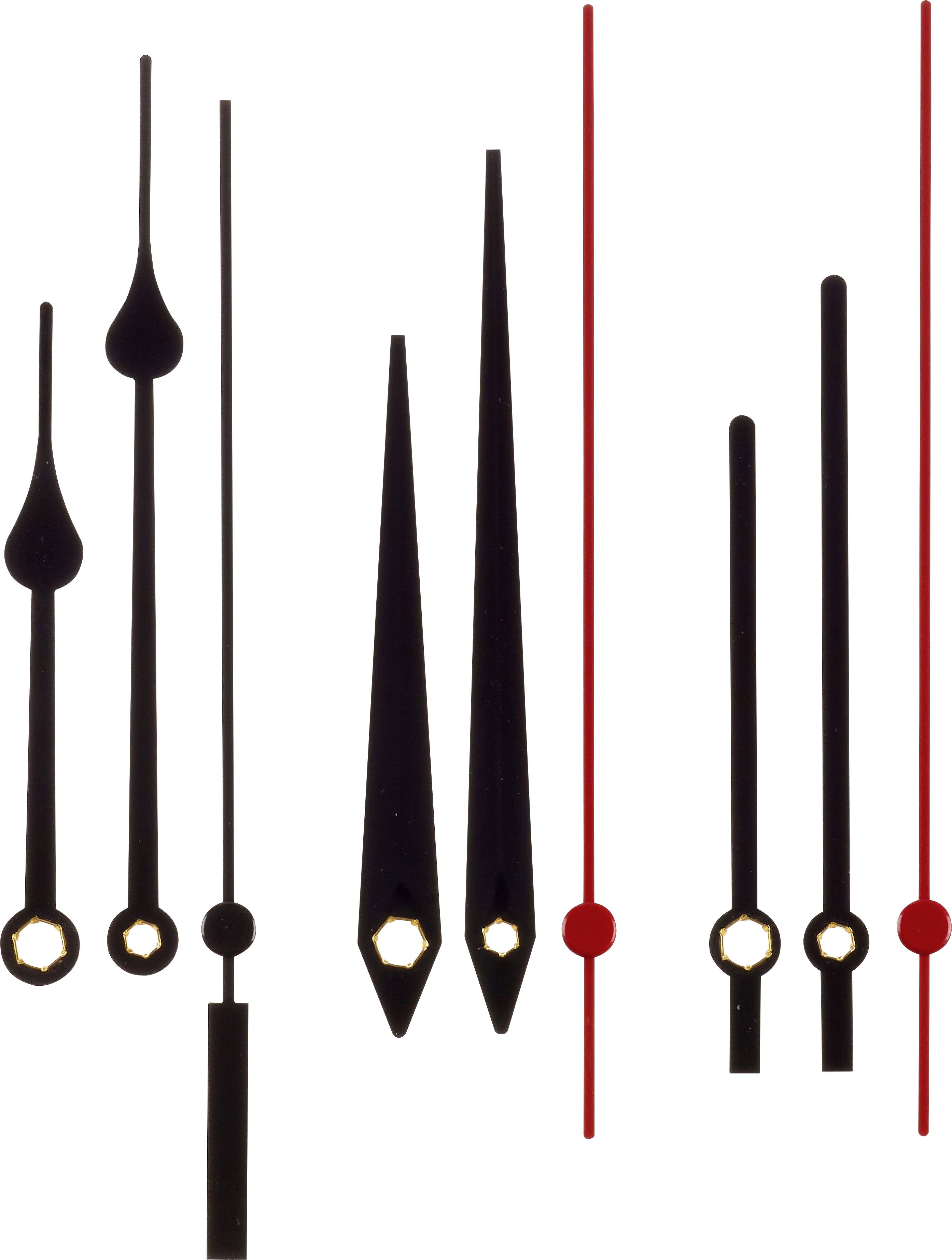 Différents types d'aiguilles de montre noires et rouges, présentées dans diverses formes et longueurs, sur un fond blanc.